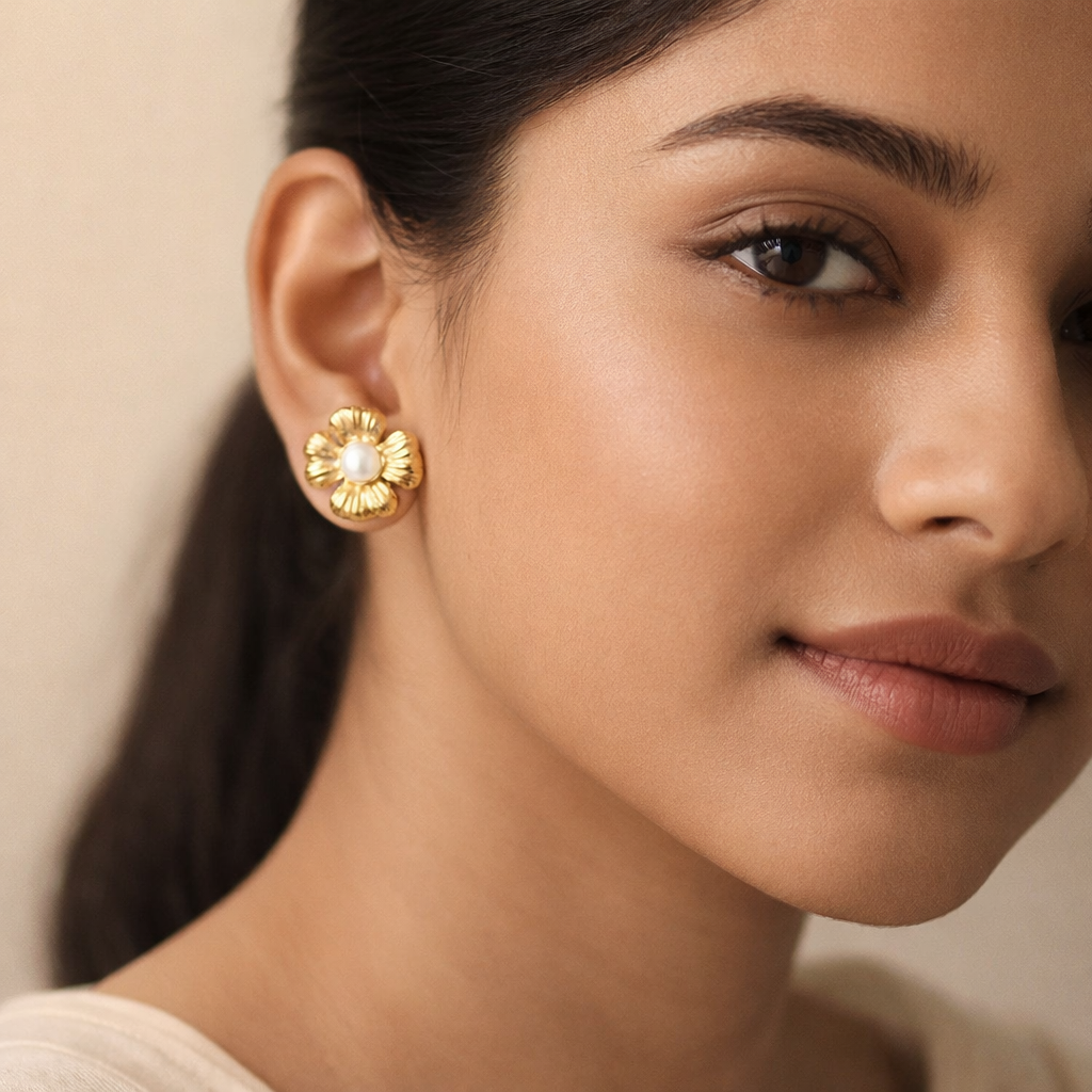Gilded Ribbed Blossom Pearl Studs