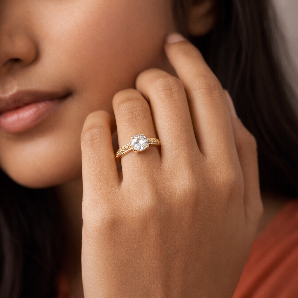 Sparkling Beaded Solitaire Golden Ring