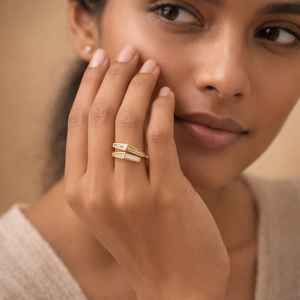 Gilded Geometric Inlay Bypass Ring