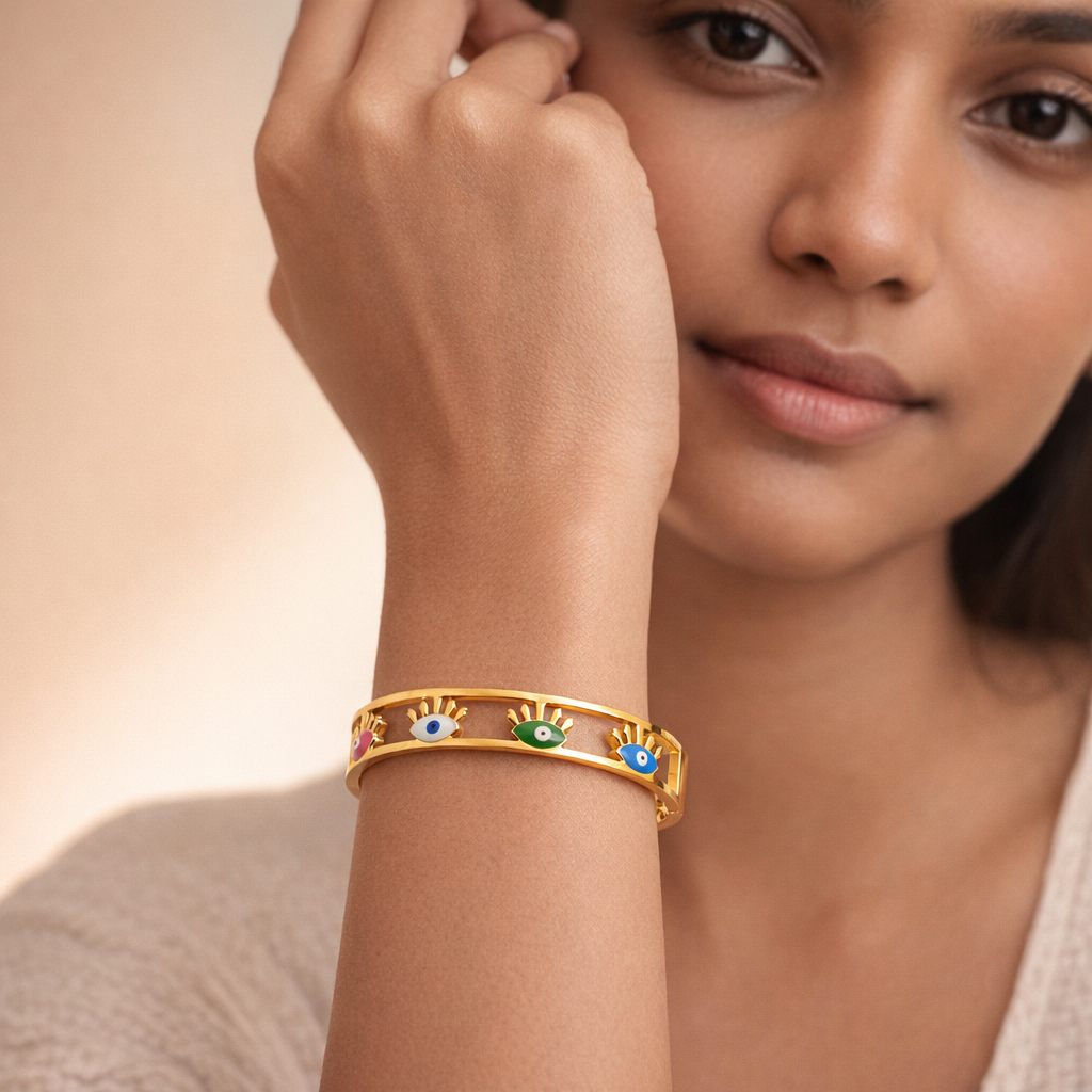 Gilded Rainbow Evil Eye Openwork Bangle