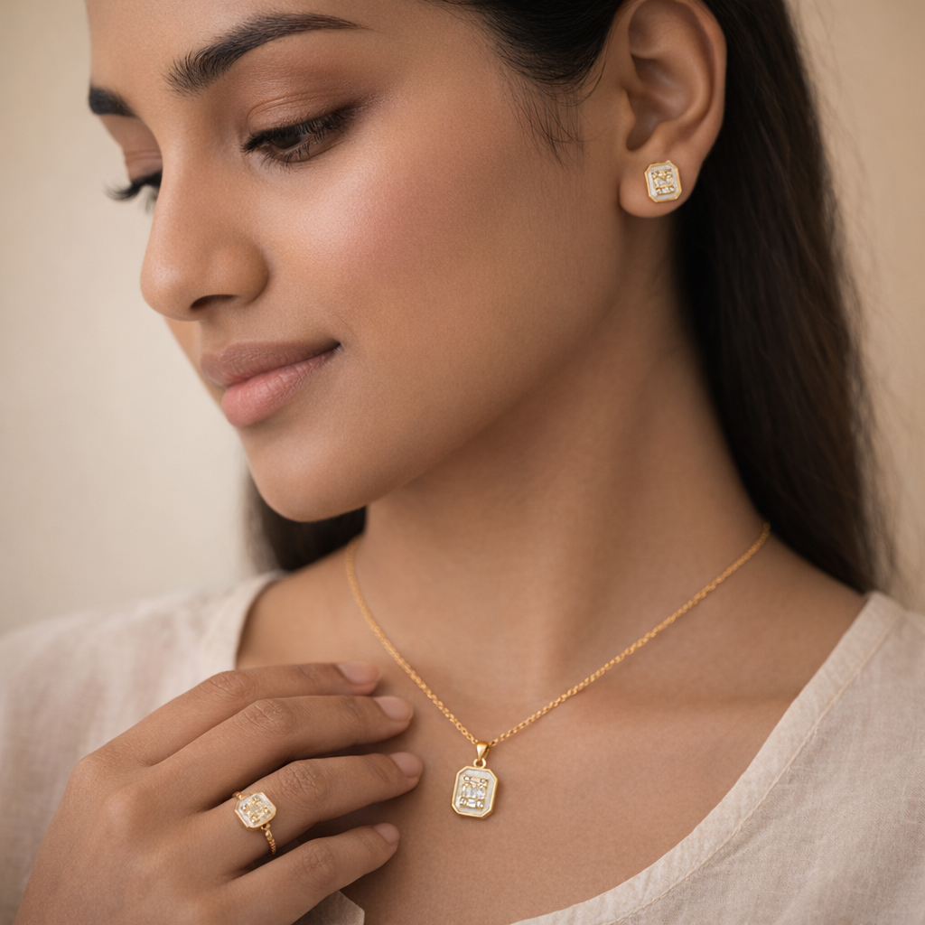 Gilded Emerald-Cut Pearl Mosaic Set