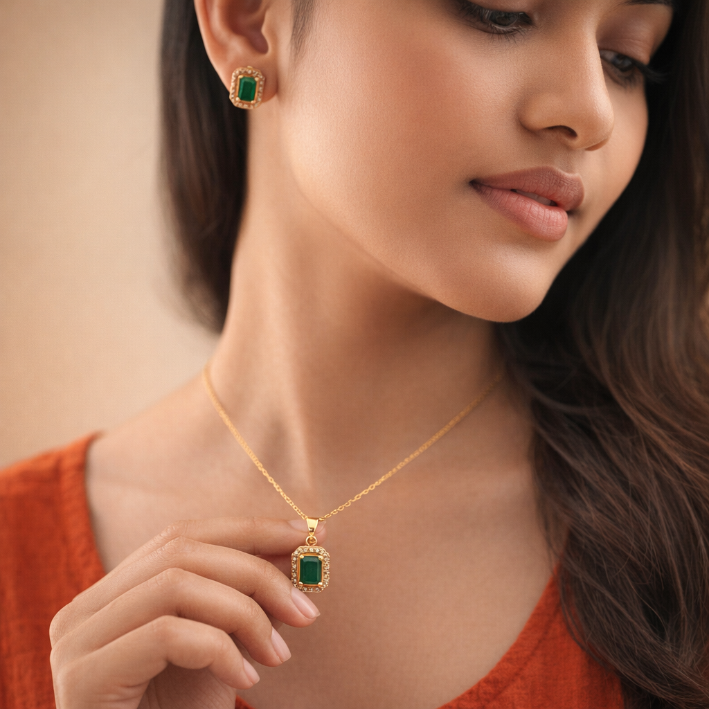 Emerald Elegance Golden Pendant Set