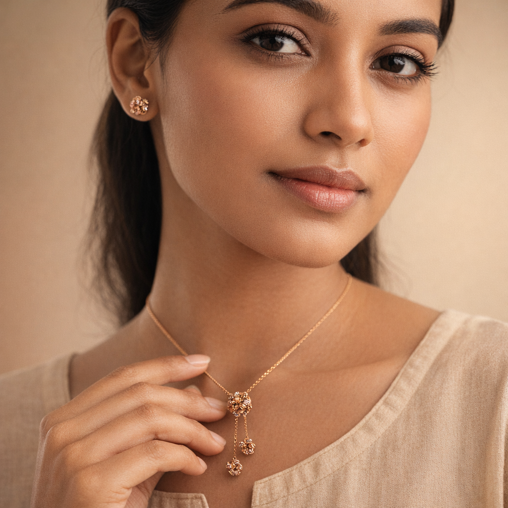 Elegant Floral Pendant Necklace Set with Matching Stud Earrings Gold Finish