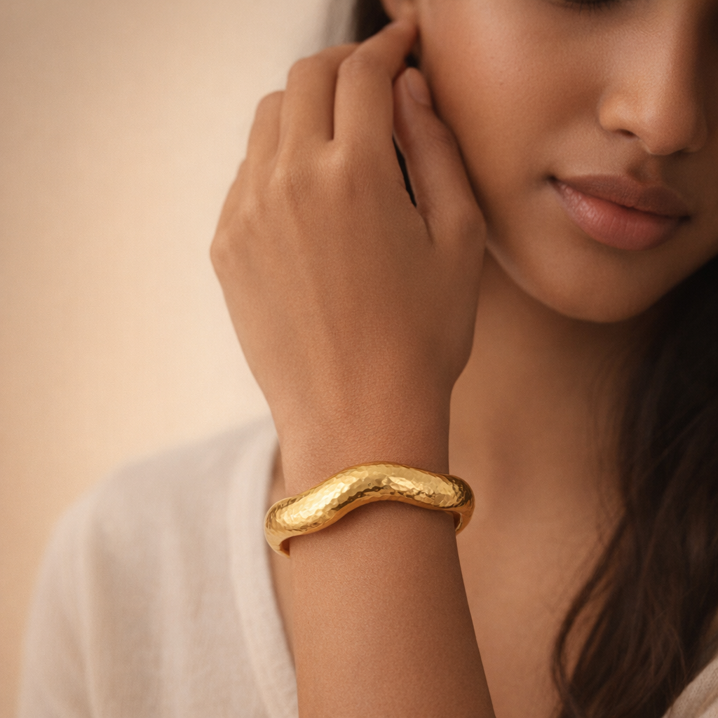Sculpted Wave Hammered Gold Bangle