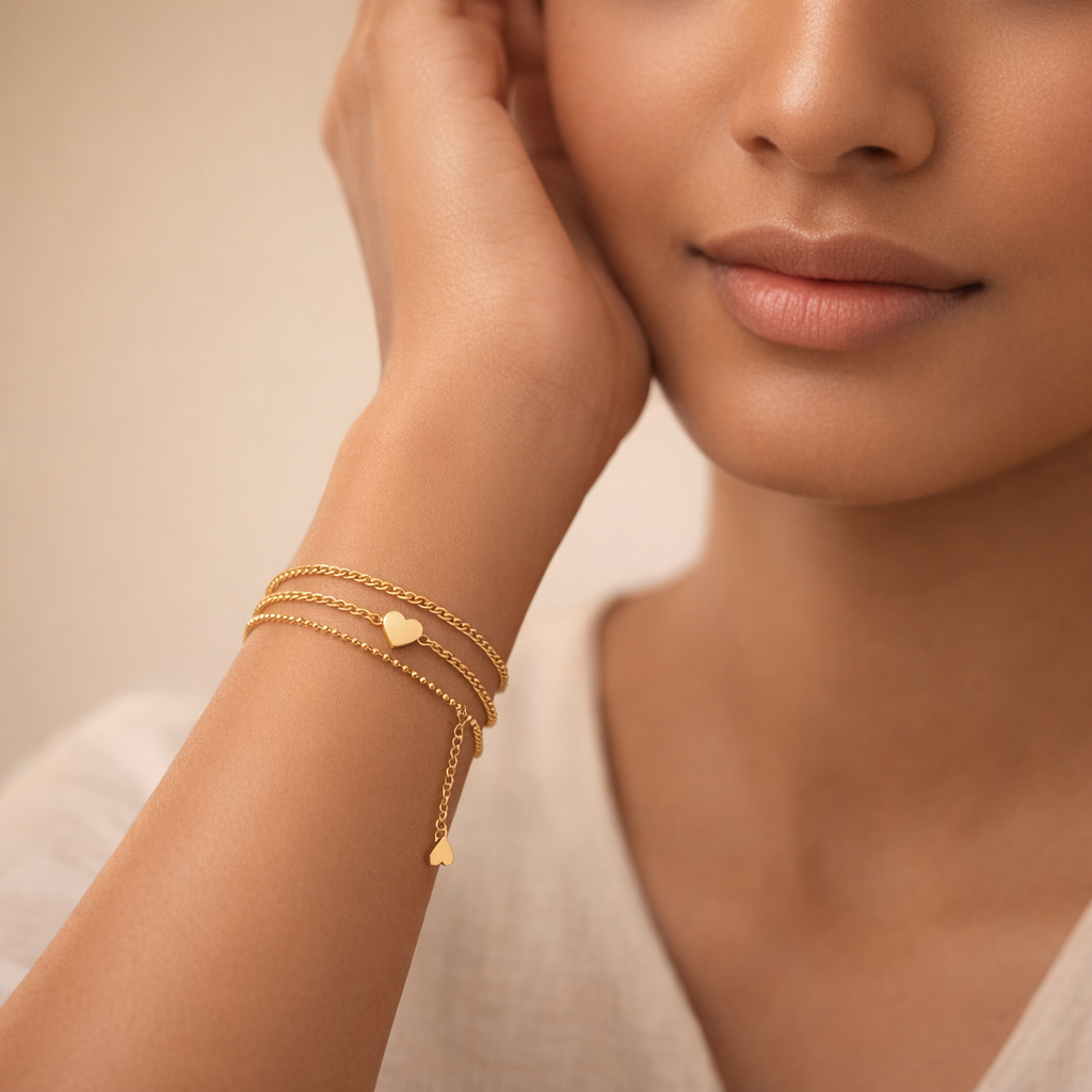 Golden Triple-Layer Heart Charm Bracelet