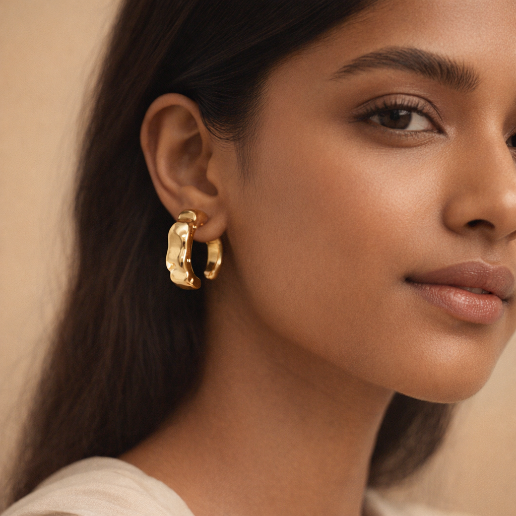 Sculptural Hammered Golden Crescent Hoops