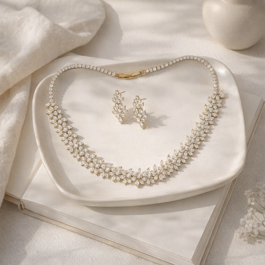 Elegant Floral Diamond Necklace & Earring Set in Gold