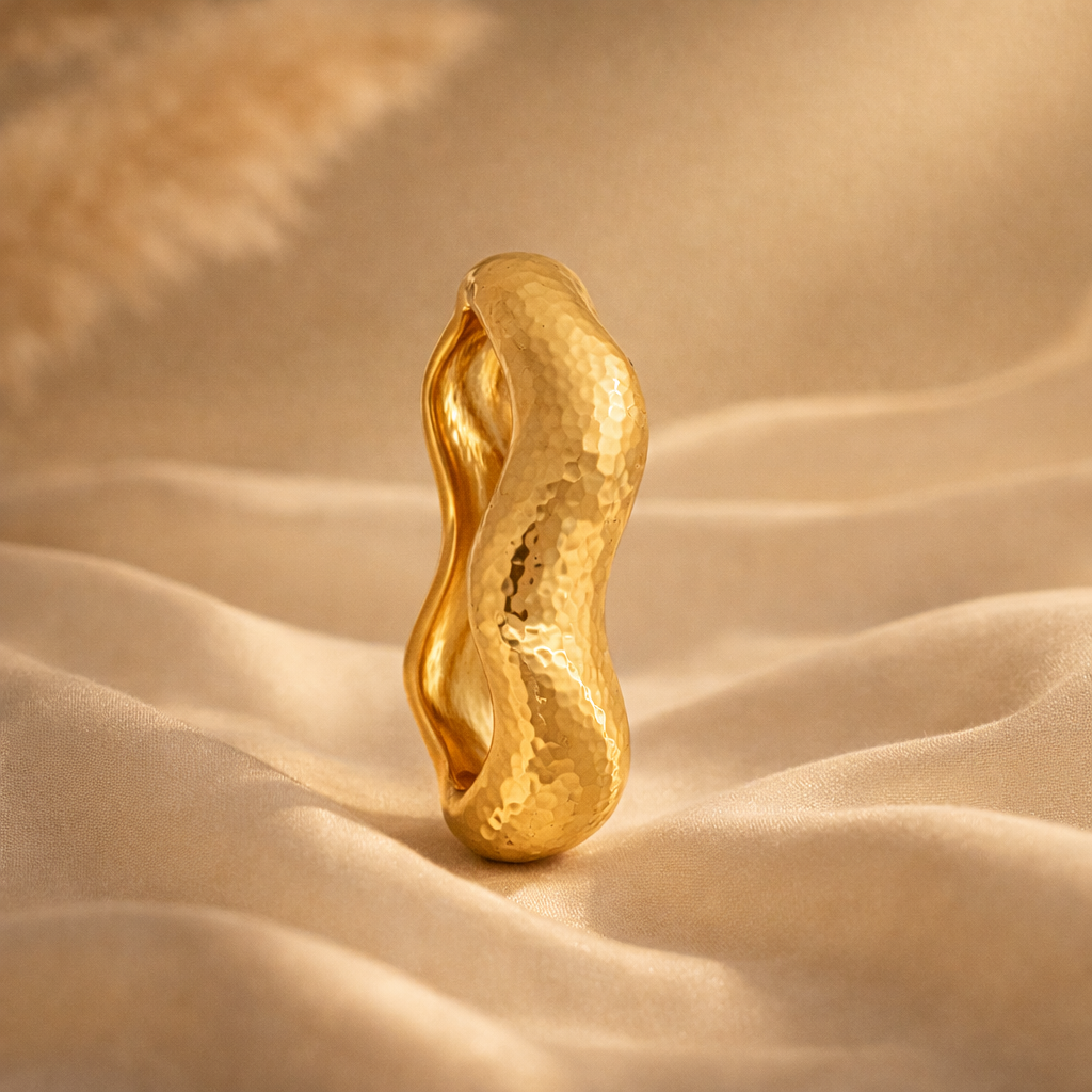 Sculpted Wave Hammered Gold Bangle