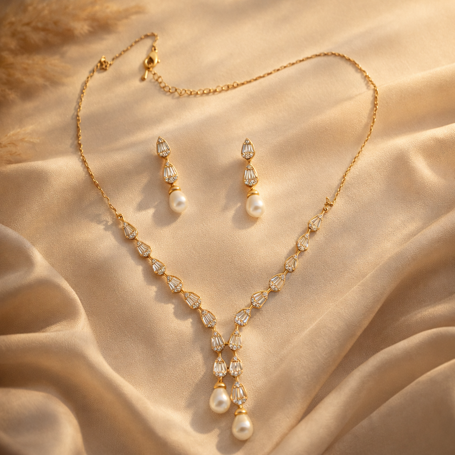 Elegant Pearl Drop Pendant Necklace Set with Matching Earrings