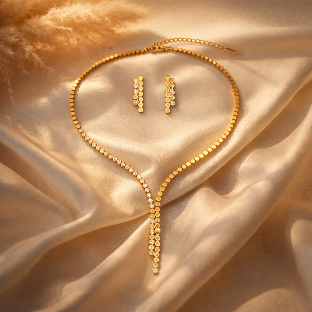 Gilded Hexagon Honeycomb Y-Necklace & Earring Set