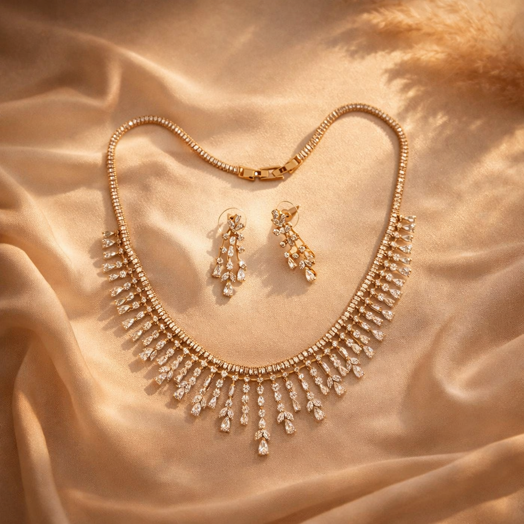 Luxury Diamond-Style Fringe Necklace Set with Dangle Earrings