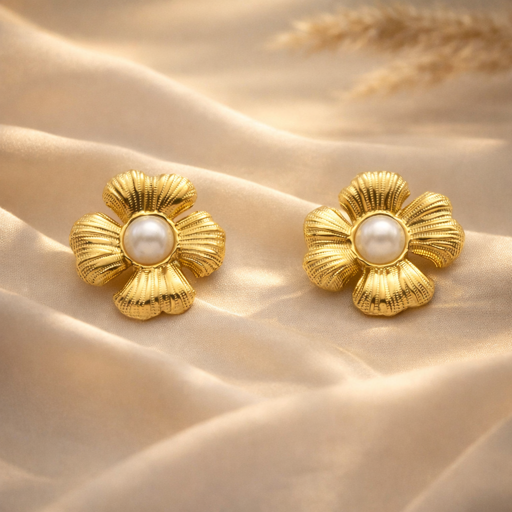 Gilded Ribbed Blossom Pearl Studs