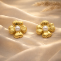 Gilded Ribbed Blossom Pearl Studs
