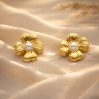 Gilded Ribbed Blossom Pearl Studs