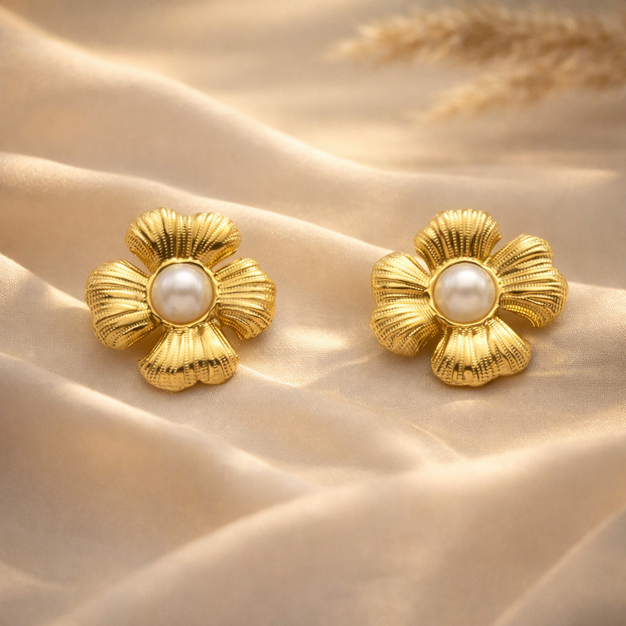 Gilded Ribbed Blossom Pearl Studs