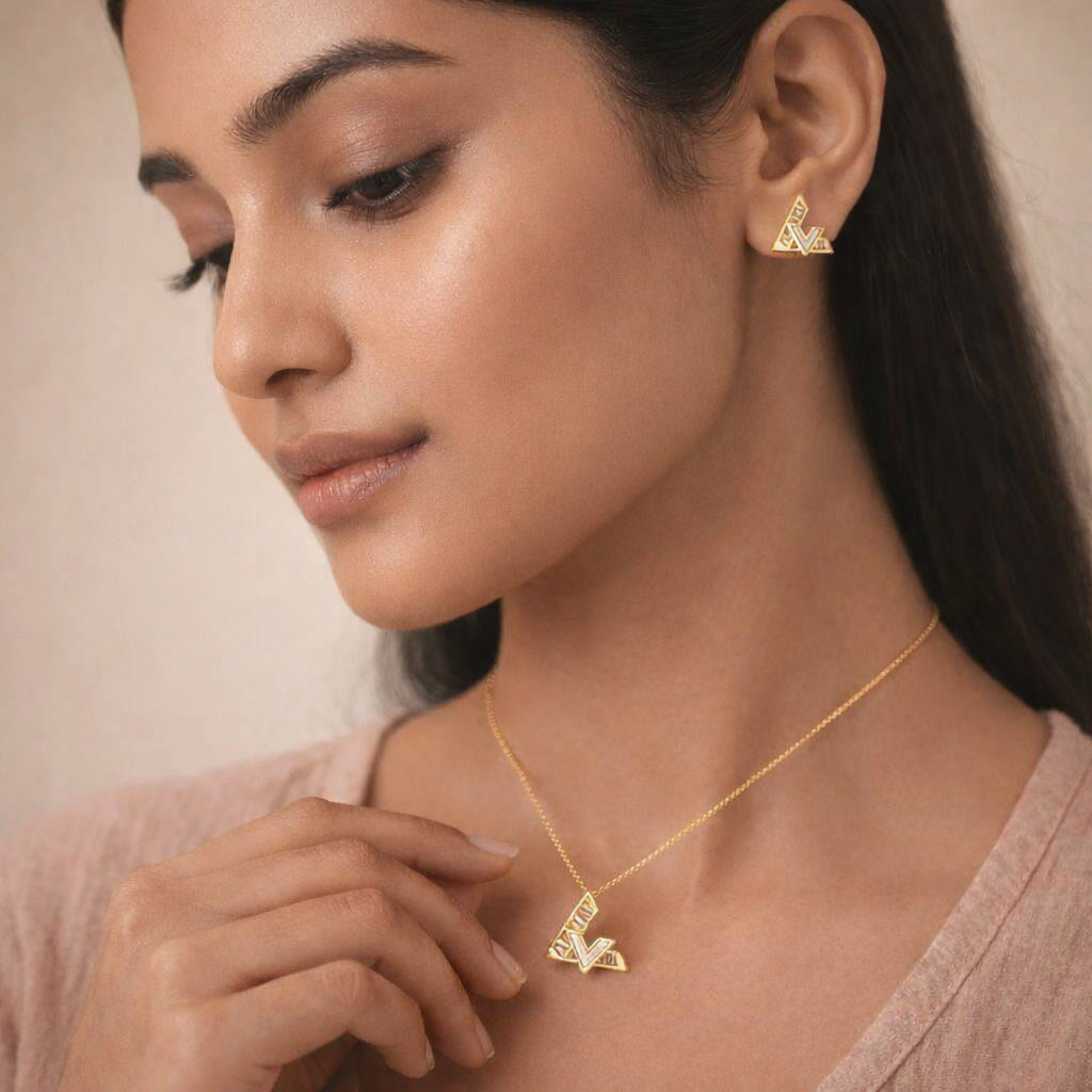 Modern V Shape Gold Pendant Necklace & Earring Set