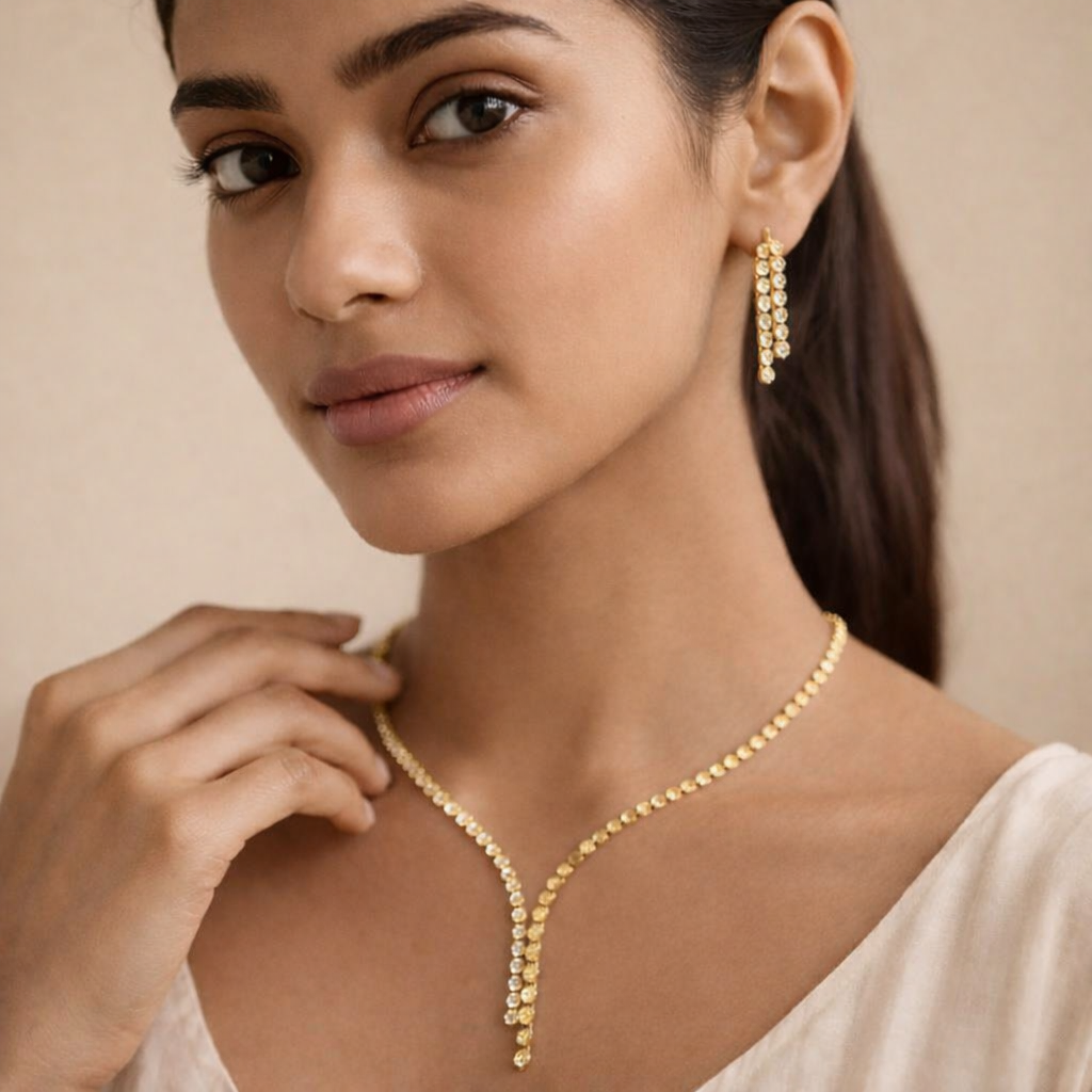 Gilded Hexagon Honeycomb Y-Necklace & Earring Set