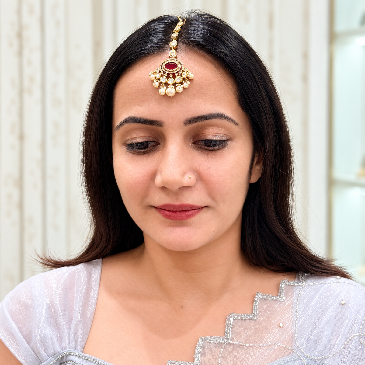 Red Kundan-Inspired Maang Tikka