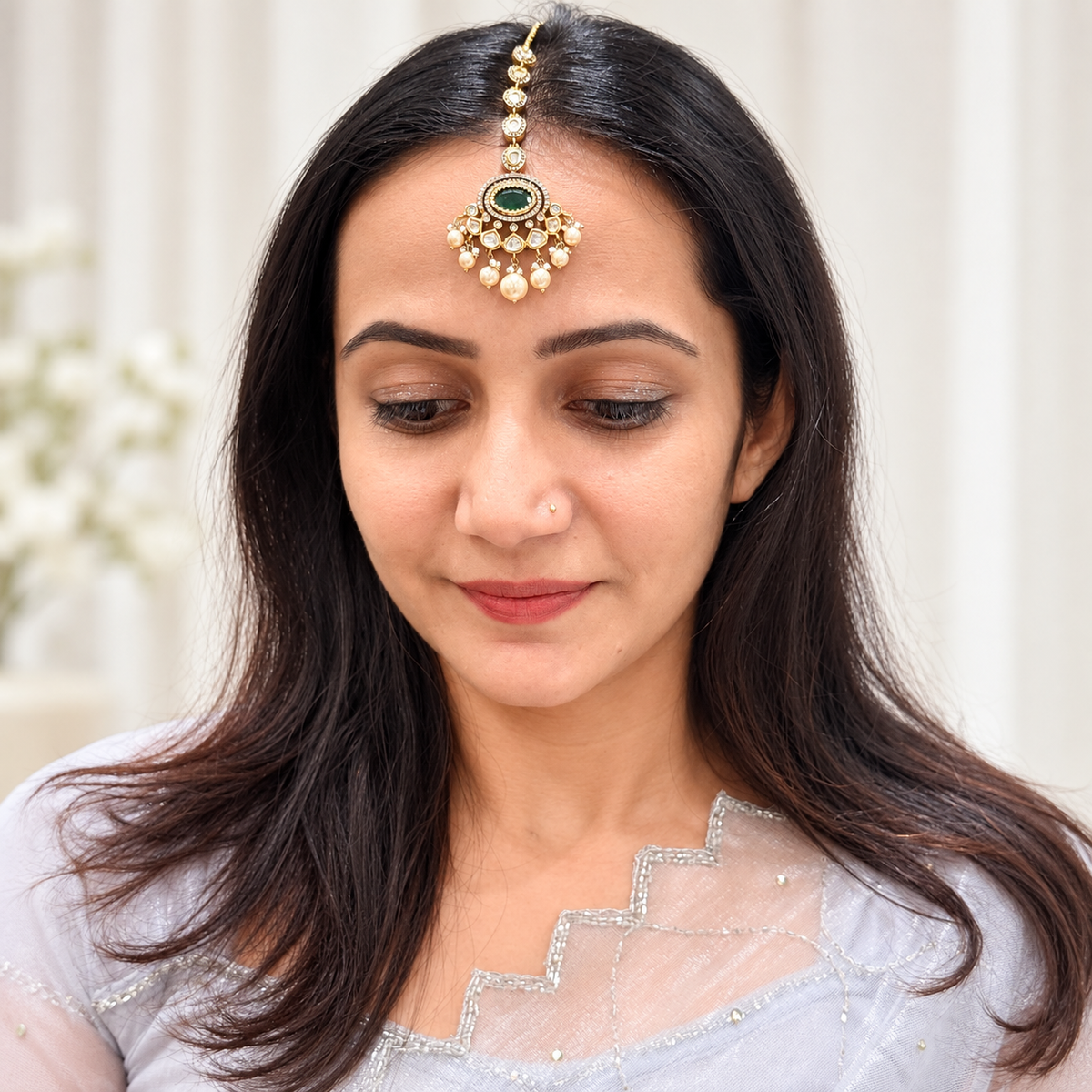Green Kundan-Inspired Maang Tikka