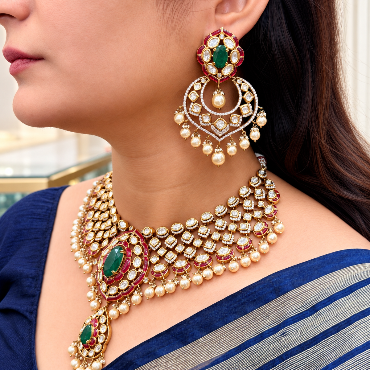 Aurevia Emerald Kundan Necklace Set