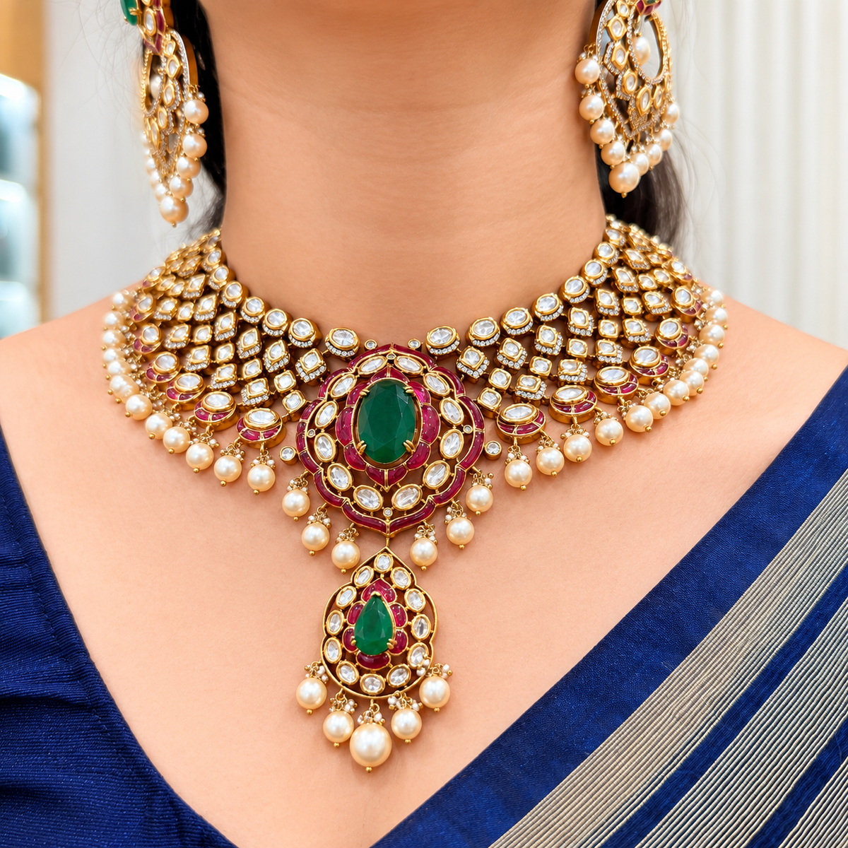 Aurevia Emerald Kundan Necklace Set