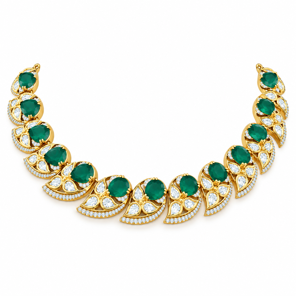 Emerald Polki Leaf Necklace Set