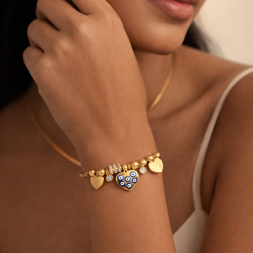 Evil Eye Heart Charm Gold Bracelet