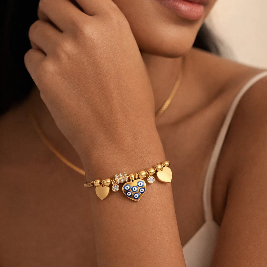 Evil Eye Heart Charm Gold Bracelet