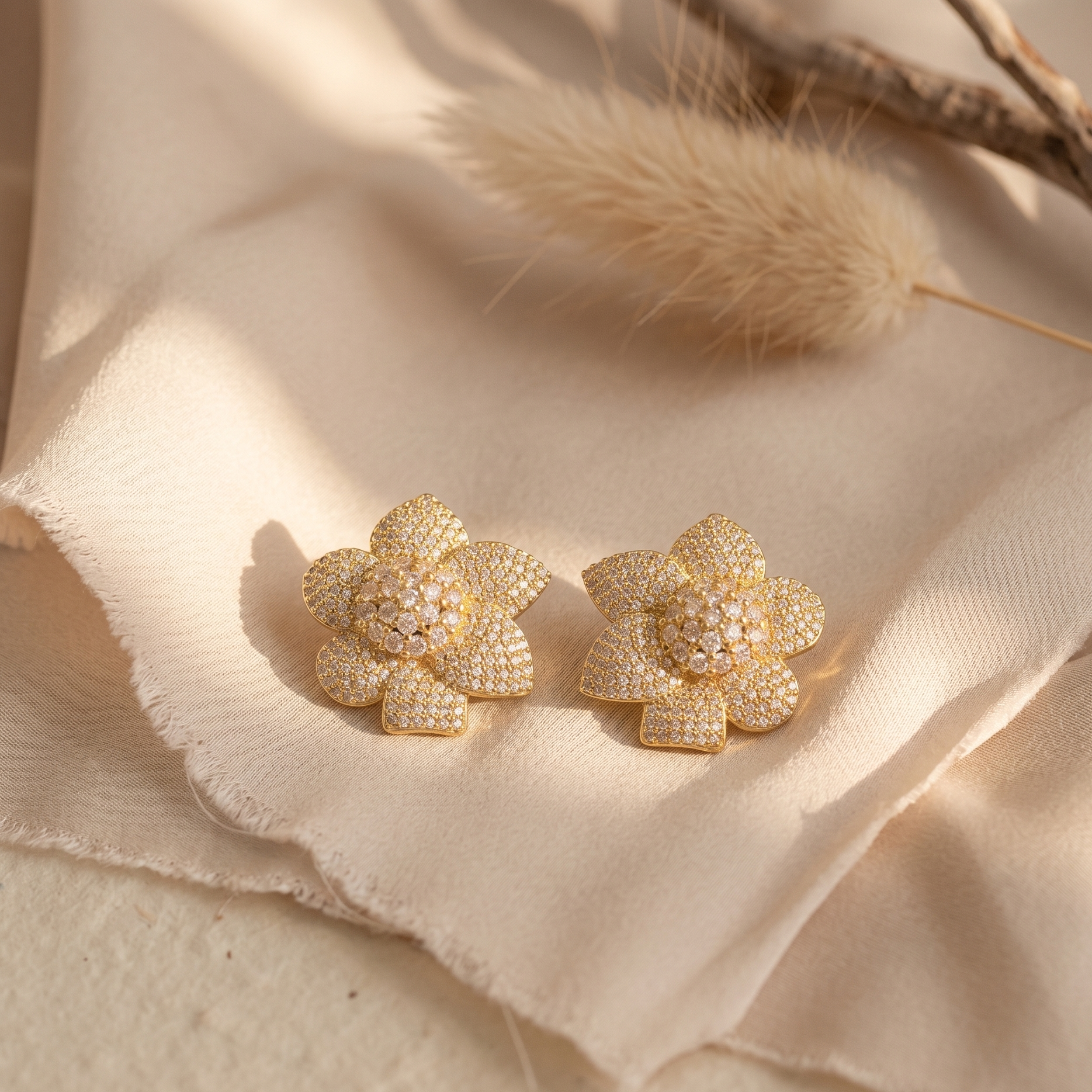 Golden Bloom Pavé Flower Stud Earrings