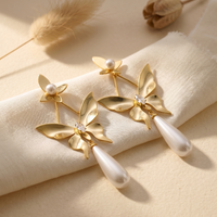 Golden Butterfly Pearl Drop Earrings