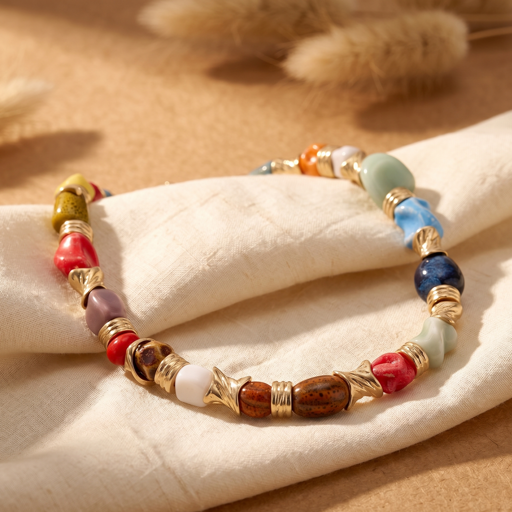 Gilded Multi-Hue Artisan Stone Necklace