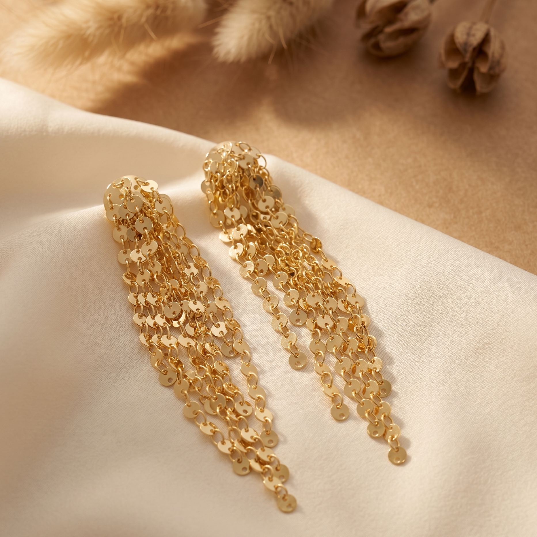 Golden Shimmering Disc Waterfall Earrings
