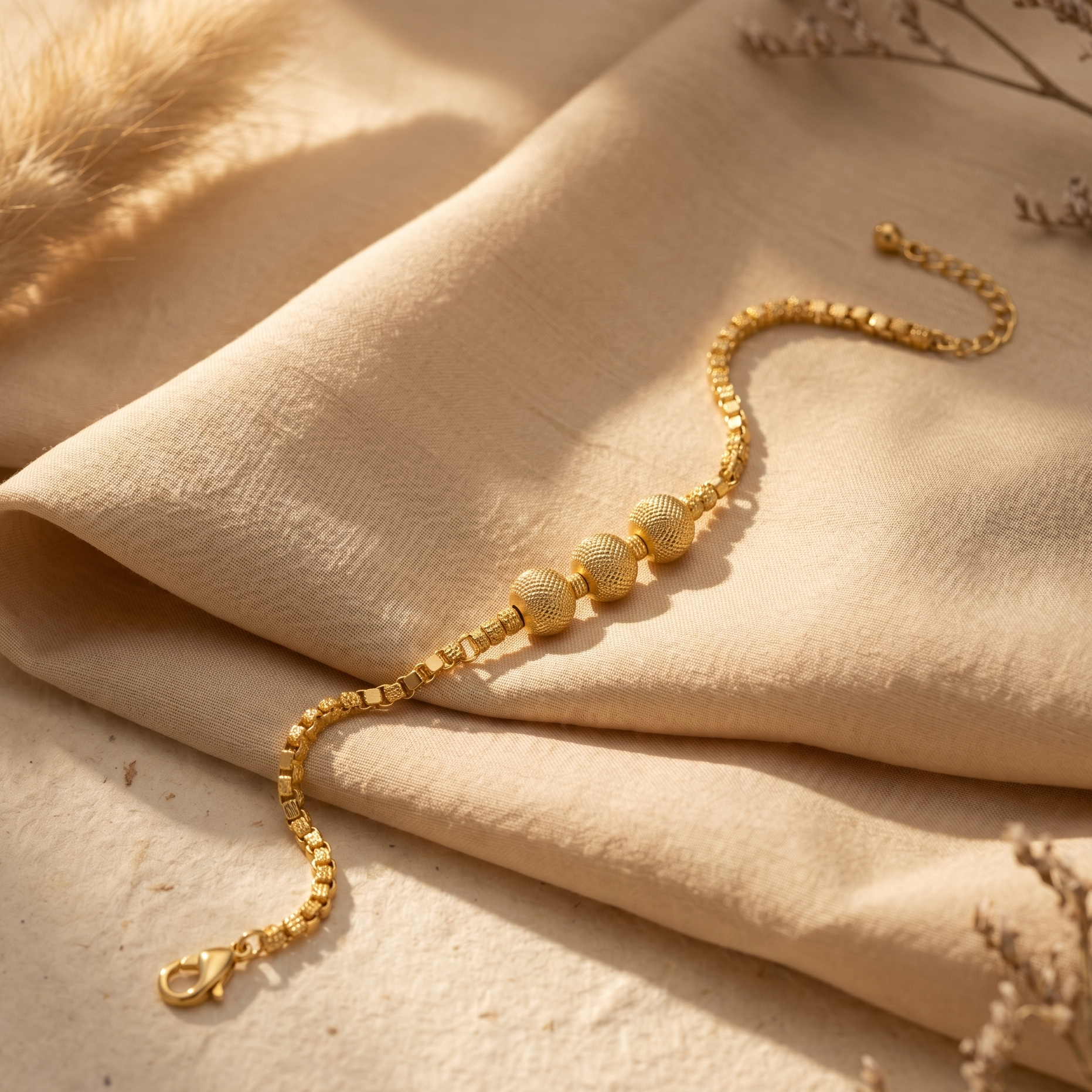 Elegant Textured Gold Bead Trio Bracelet