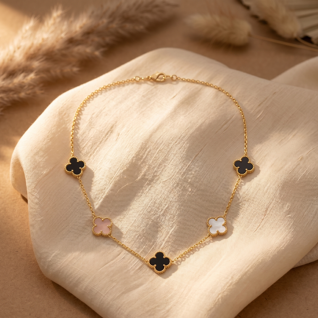 Gilded Onyx & Pearl Clover Station Necklace