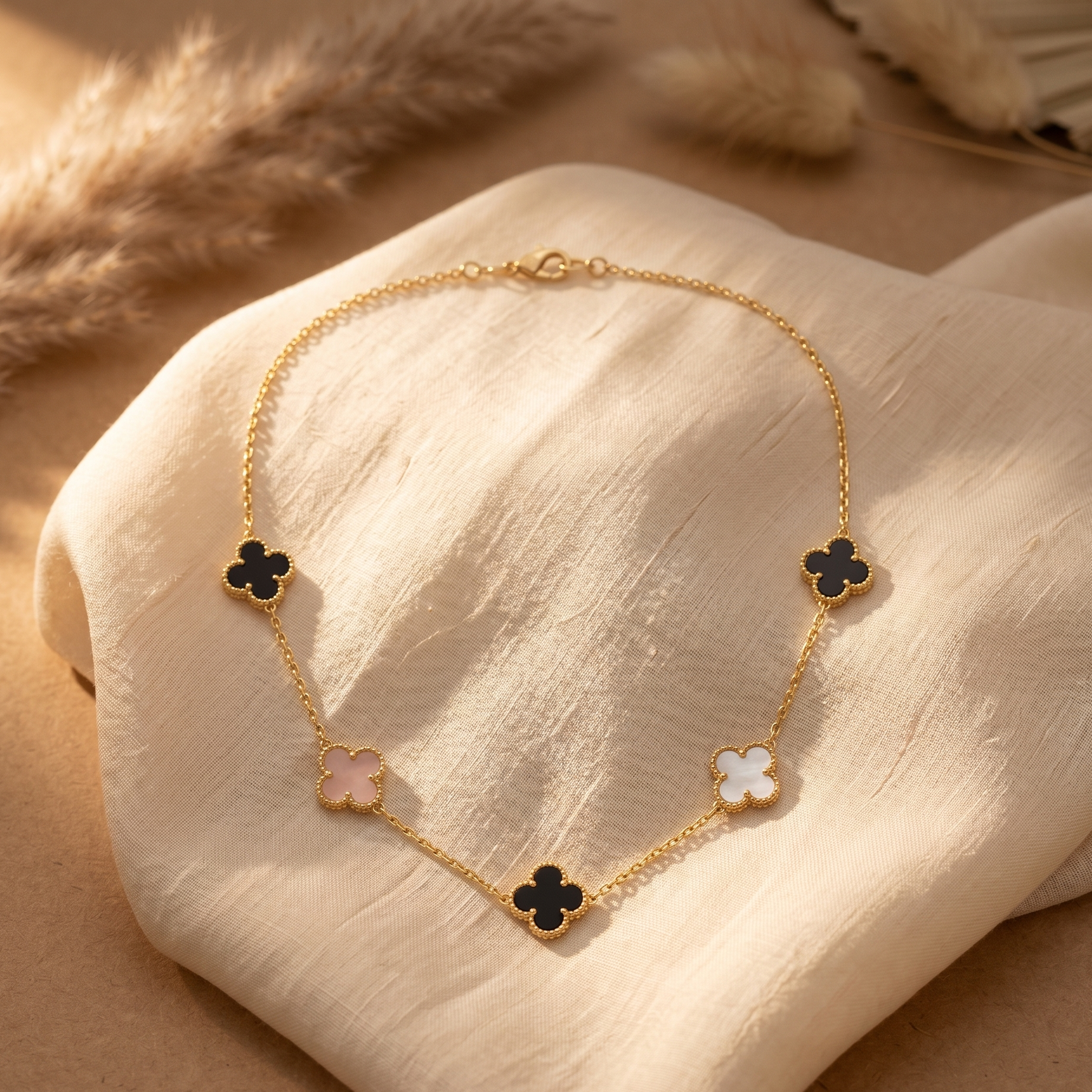 Gilded Onyx & Pearl Clover Station Necklace