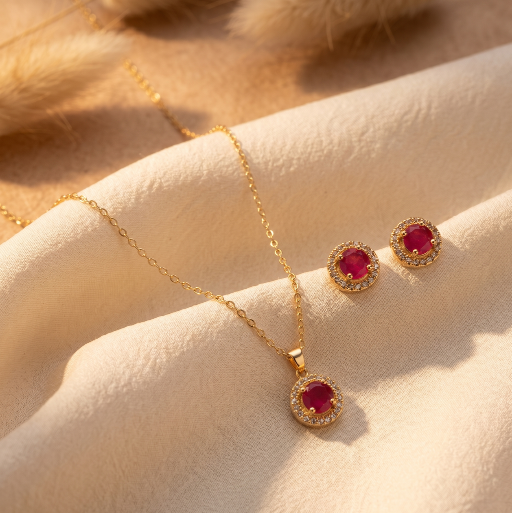 Gilded Ruby Halo Jewelry Set