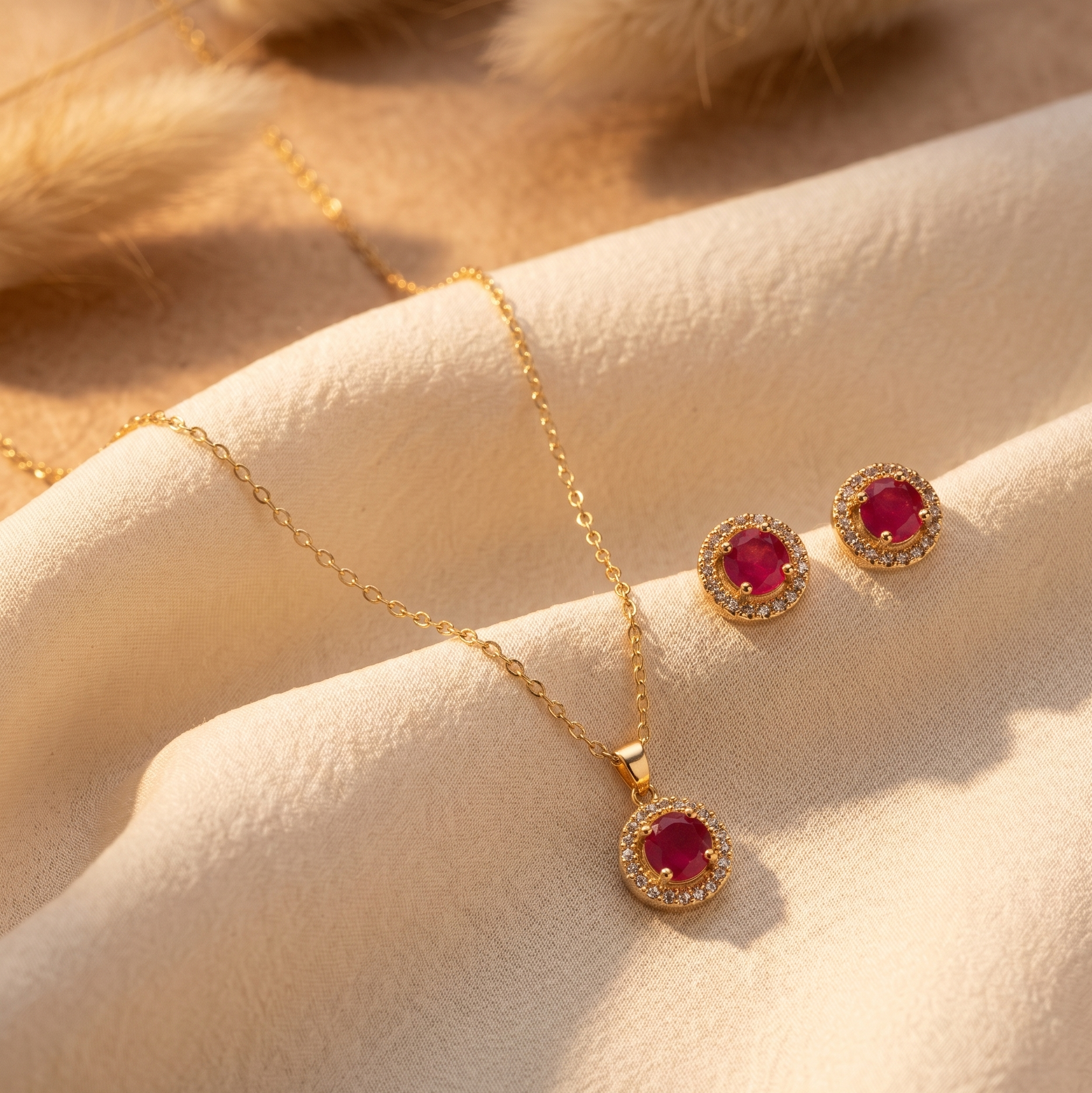 Gilded Ruby Halo Jewelry Set