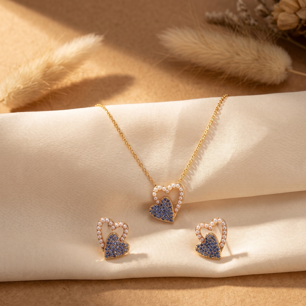 Gilded Sapphire & Pearl Heart Set