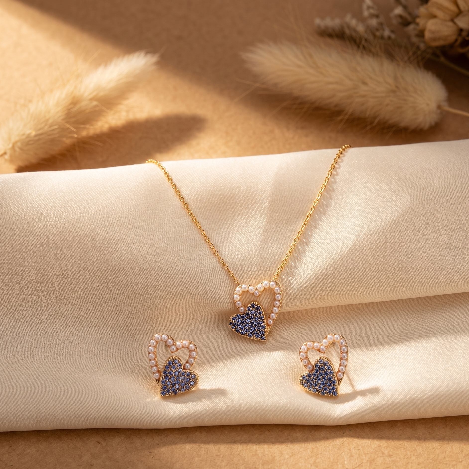 Gilded Sapphire & Pearl Heart Set