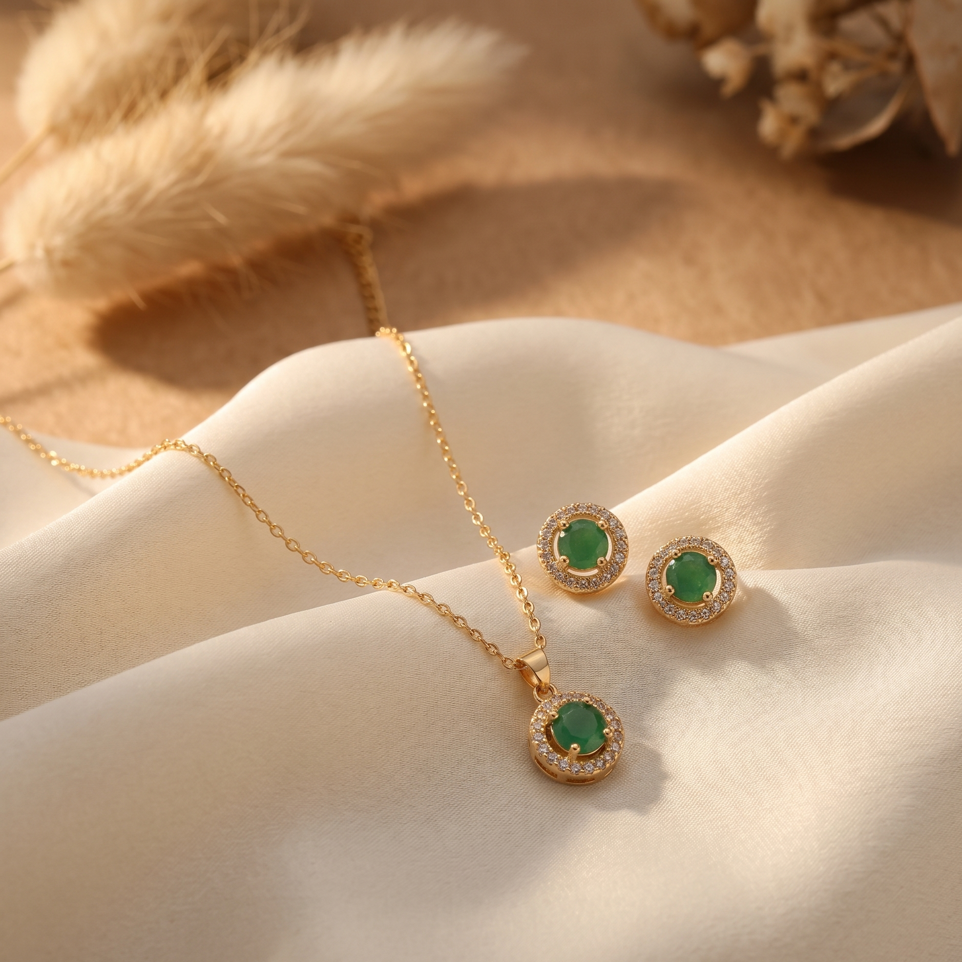 Gilded Emerald Halo Jewelry Set
