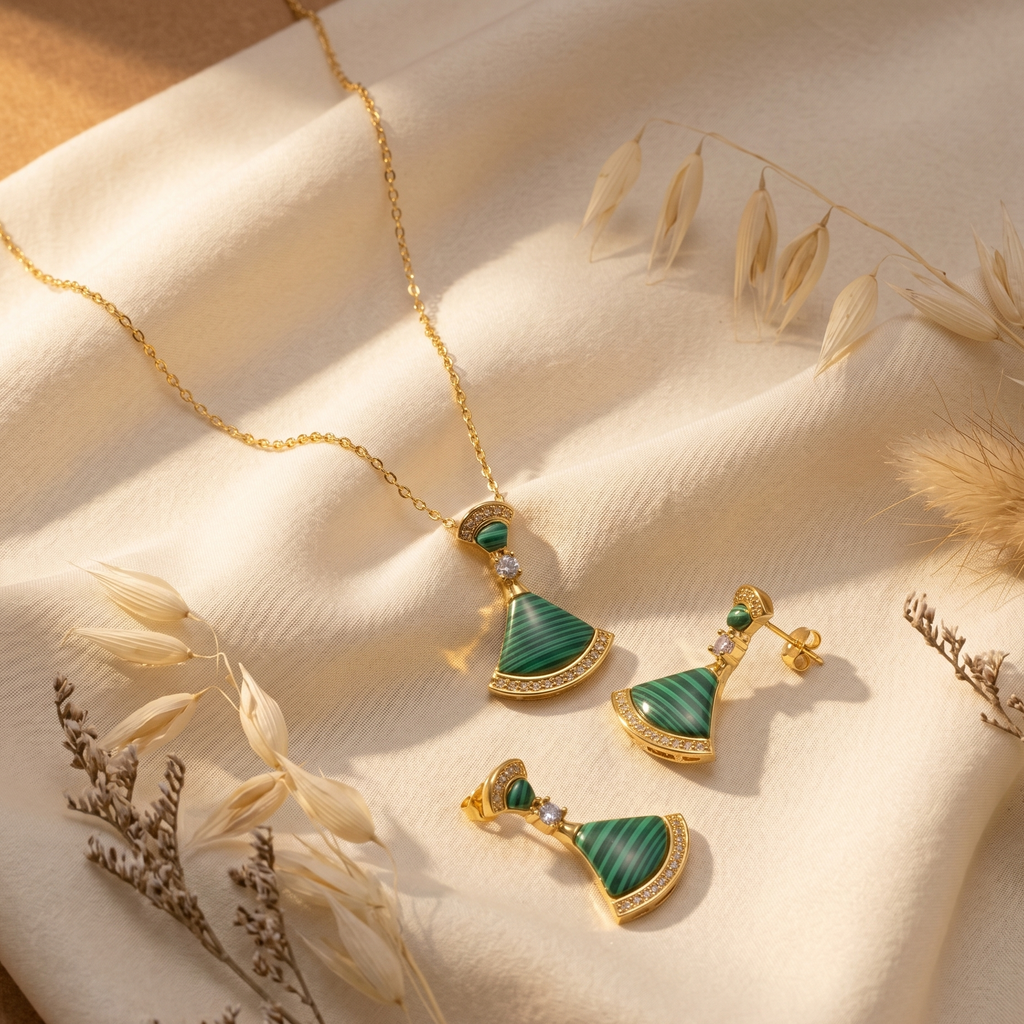 Gilded Malachite Fan Jewelry Set