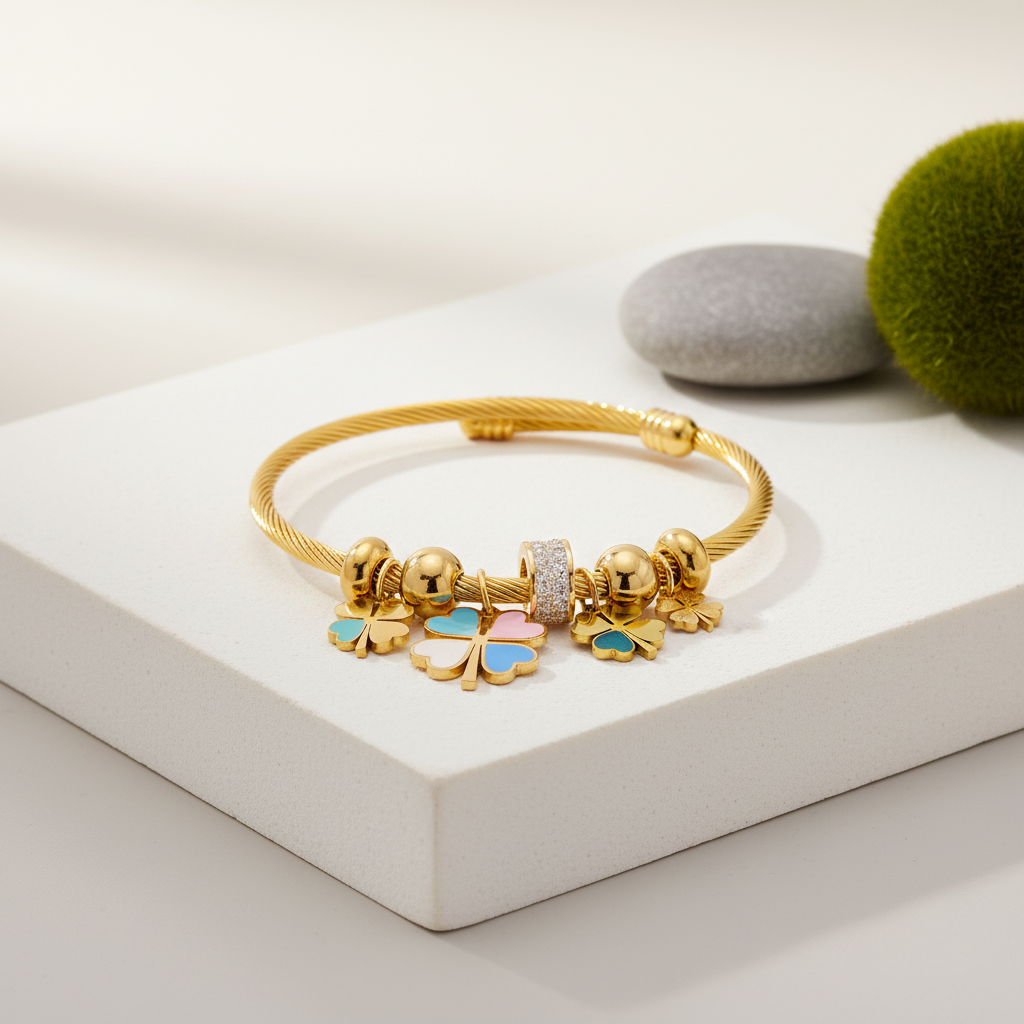 Gilded Lucky Clover Charm Bangle
