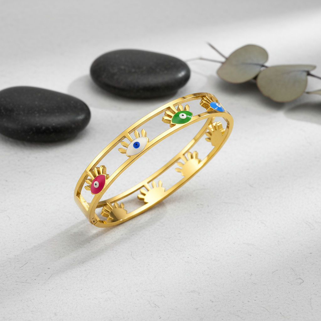 Gilded Rainbow Evil Eye Openwork Bangle