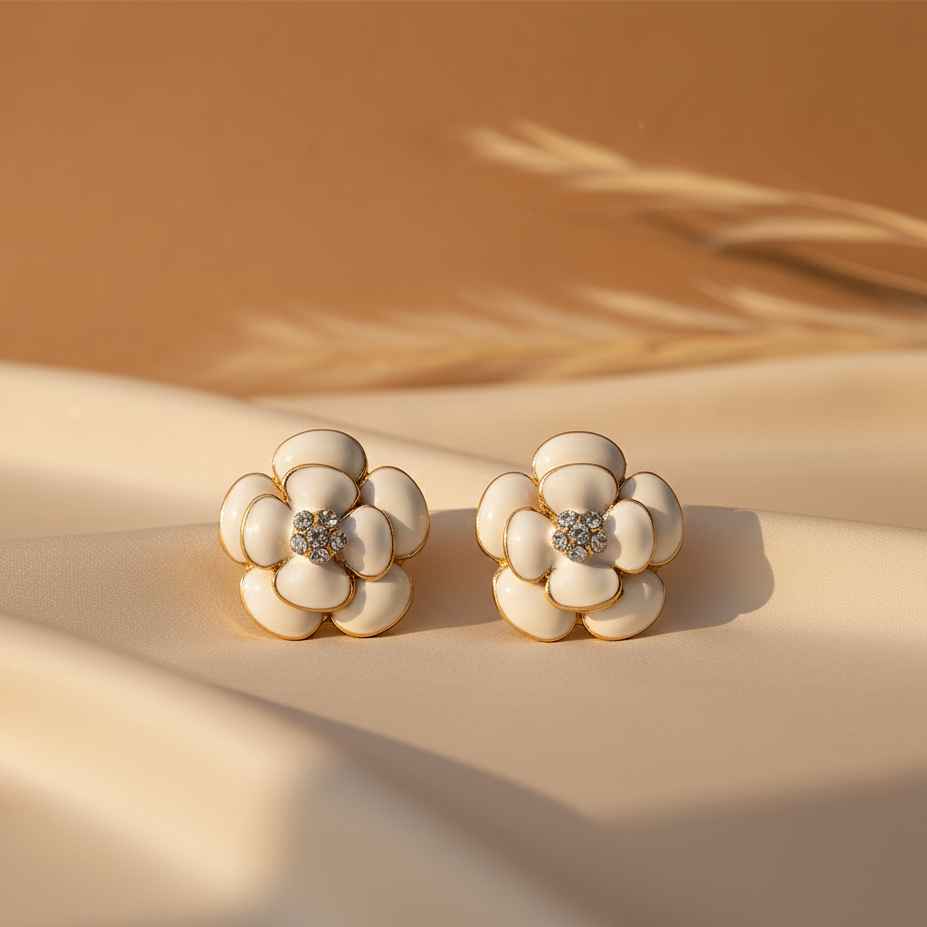 Gilded Camellia Crystal Studs