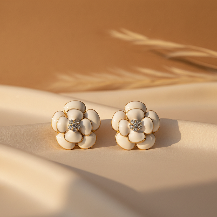 Gilded Camellia Crystal Studs