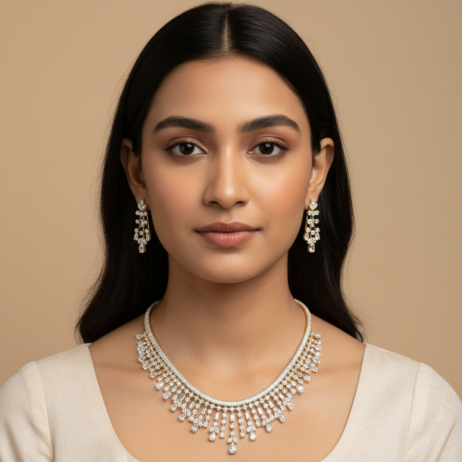 Luxury Diamond-Style Fringe Necklace Set with Dangle Earrings