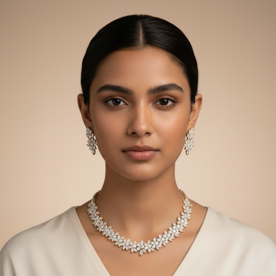 Elegant Floral Diamond Necklace & Earring Set in Gold