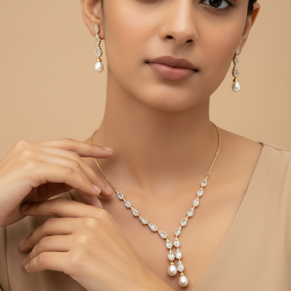 Elegant Pearl Drop Pendant Necklace Set with Matching Earrings