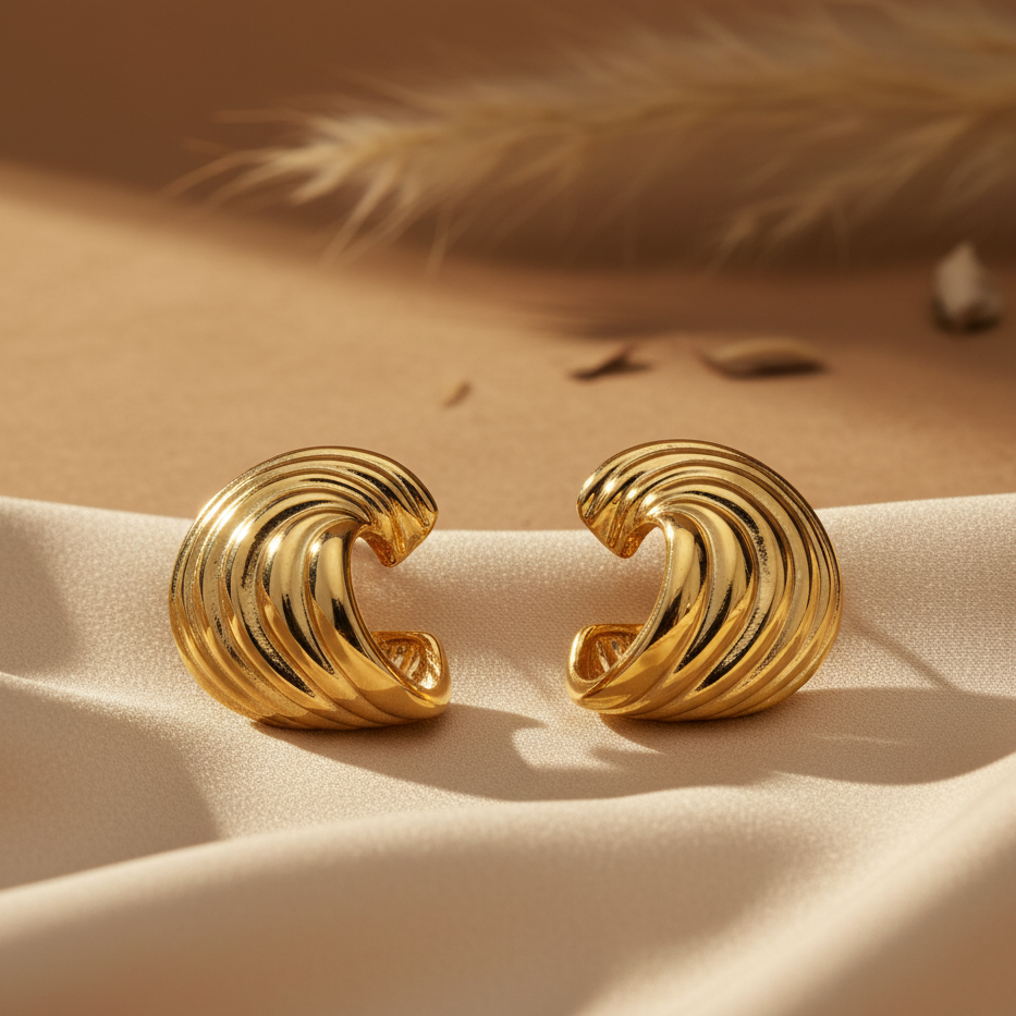 Gilded Ribbed Tidal Hoops