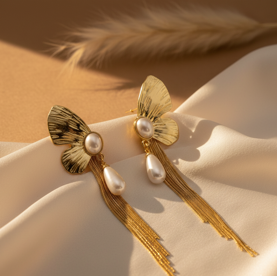 Ethereal Gilded Wing & Pearl Tassel Earrings